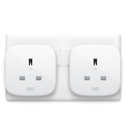  Two Eve Energys, Matter Version, plugged into a power socket.