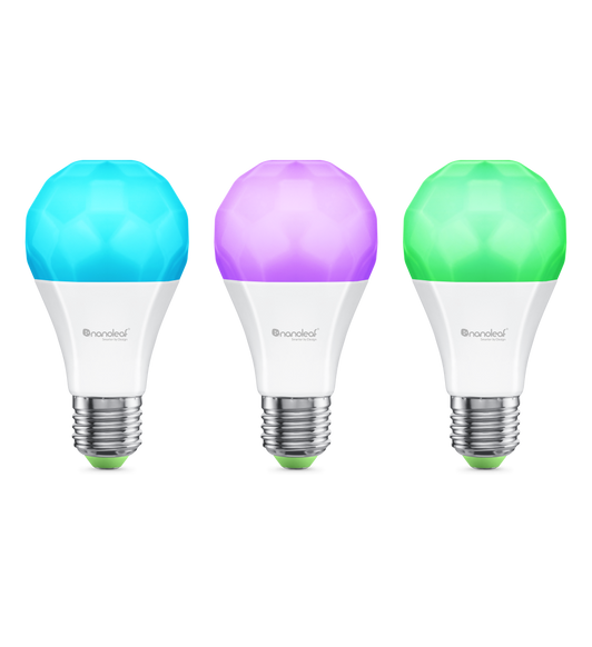 The Nanoleaf Essentials Matter three pack of smart colour-changing LED lightbulbs, shown in blue, purple and green.