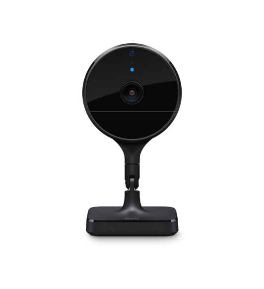 Round Eve Cam on square base with indicator LED illuminated in blue.