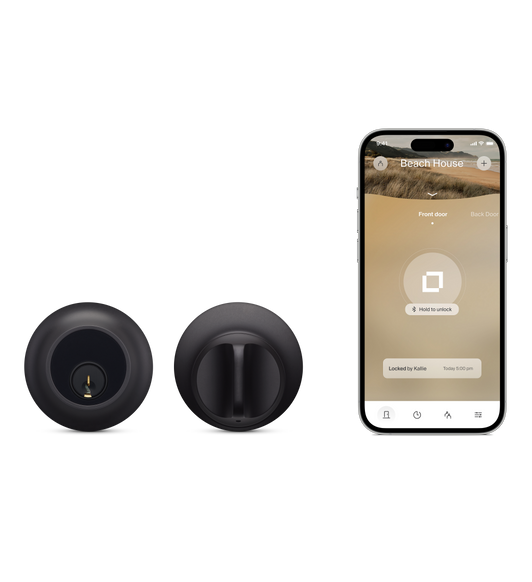 Level Lock+ (Matter) with Apple Home Keys Support, key side at left and thumbturn side at right, Level Lock app with locking screen