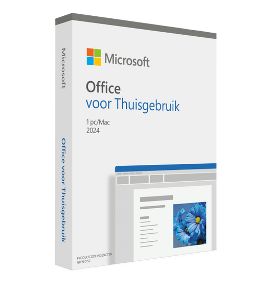 Voorkant van de verpakking van Microsoft Office voor Thuisgebruik, met rechtsonder een document en bovenaan het Microsoft-logo