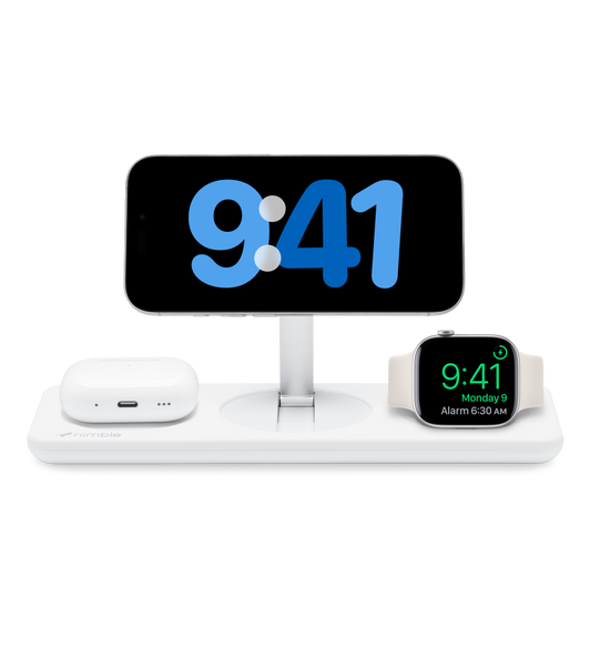 Nimble Podium 3-in-1 Wireless Charging Dock, iPhone in Stand By mode charging at top, Airpods case charging lower left, and Apple Watch in NightStand mode lower right