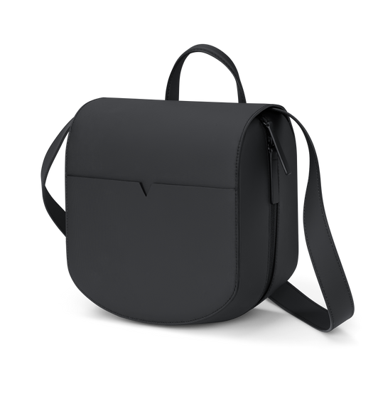von Holzhausen Carry Sling for Apple Vision Pro, black, outer storage pocket at front with V-shaped cutout, shoulder strap, grab handle