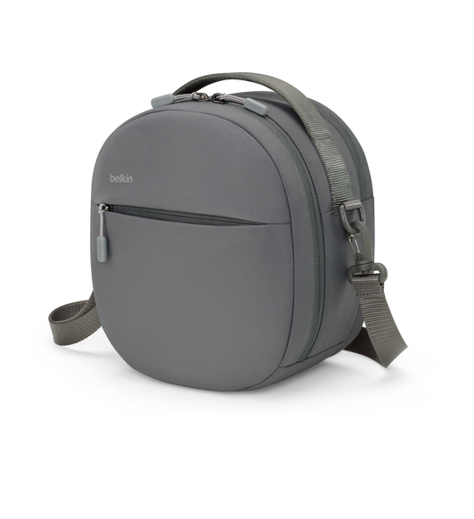 Belkin Travel Bag for Apple Vision Pro, Belkin logo at left, carrying strap attached, zippered pocket open.