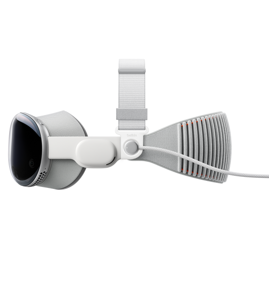 Left exterior of Apple Vision Pro, assembled with a gray Belkin Head Strap and ribbed Solo Knit Band, with a charging cable connected to a circular power attachment through a white, circular locking mechanism