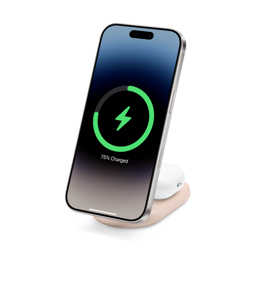Belkin BoostCharge 2-in-1 Magnetic Foldable Charger charging iPhone in portrait position