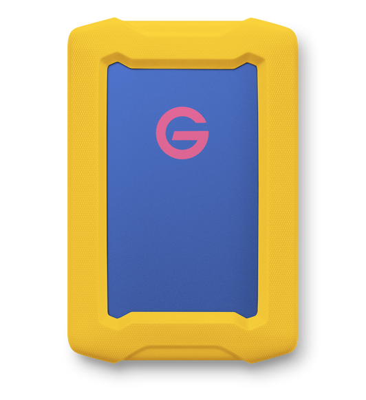 SanDisk Professional G-Drive ArmorATD portable hard drive, purple and yellow colour, protected by easy-grip bumper, G-DRIVE logo on top of aluminium enclosure