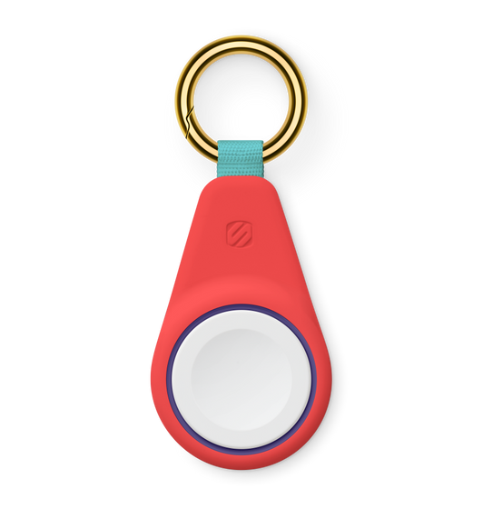 Scosche WatchIt Apple Watch Magnetic Fast Charger with USB-C Connector, teal, orange and light blue colour, Keychain carabiner attached at the top, Scosche logo in the centre, charger at bottom