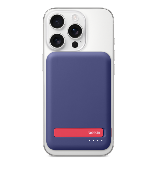 Belkin BoostCharge Pro Magnetic Power Bank 5K, purple colour, magnetically attached to iPhone, kickstand with Belkin logo, LED indicator lights at the bottom