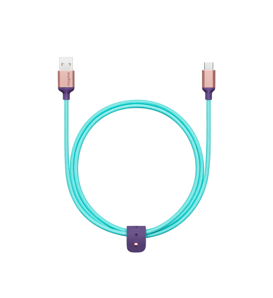 One-metre-long mophie 240W USB-A to USB-C Charge Cable, coiled, secure by integrated silicon cable strap