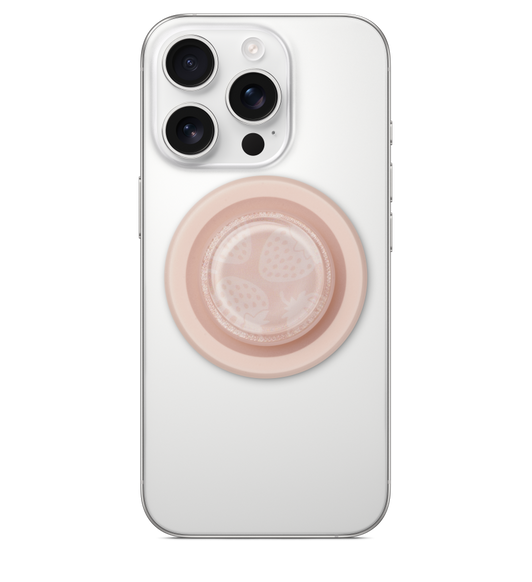 Strawberry PopSockets Magsafe Grip mounted to back of iPhone