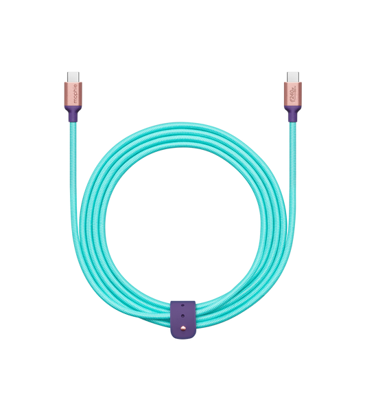 Two-metre-long mophie 240W USB-C to USB-C Charge Cable, coiled, secure by integrated silicon cable strap