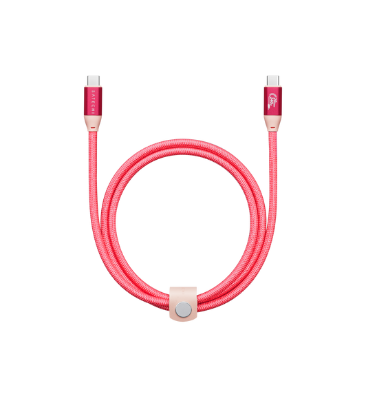 Satechi USB-C Data and Charge Cable, pink colour, coiled and secured with cable manager, USB-C connector on each end