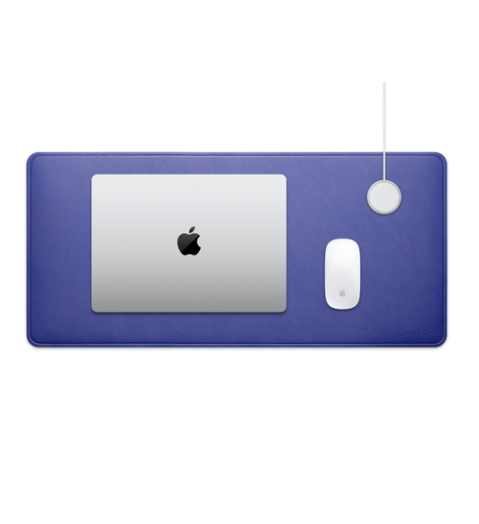 27-inch Satechi Premium Desk Mat, purple colour, MacBook, Magic Mouse and circular MagSafe charger on surface