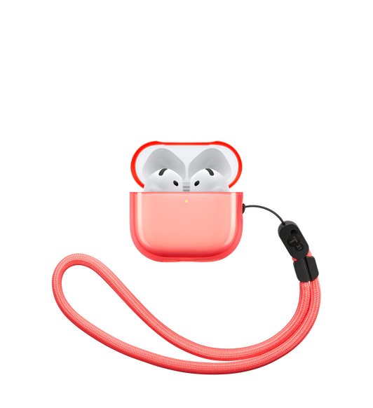 Tech 21 Translucent Case, colour pink, open, with AirPods 4 charging inside, LED charge indicator illuminated, lanyard attached at side