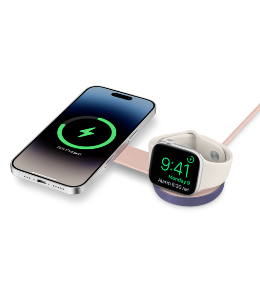 Twelve South ButterFly 2-in-1 USB-C MagSafe Charger, with iPhone charging on left and Apple Watch charging on right