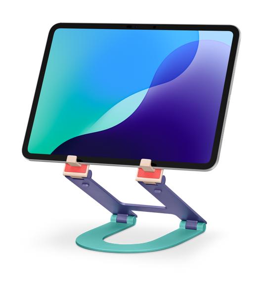 Twelve South Curve Mini Stand, AquaticAwe, Transcendent Pink and Future Dusk colours, supporting iPad