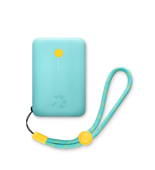 Nimble Champ Portable Charger, teal colour, lanyard attached