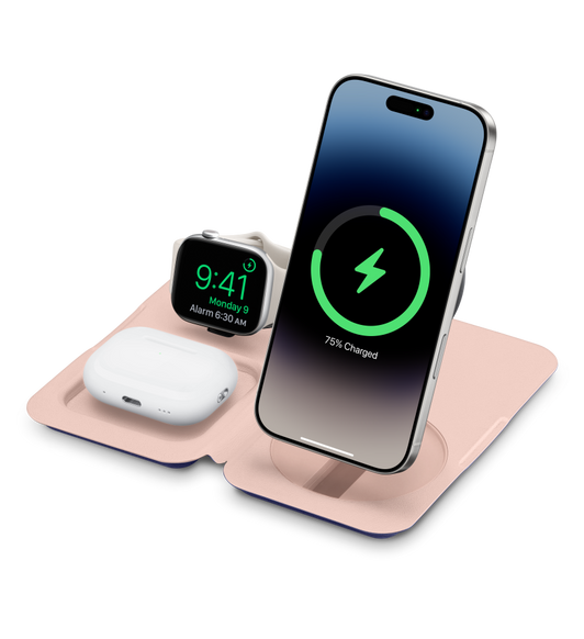 Nimble Fold 3-in-1 Travel Charger, pink colour, unfolded, charging Apple Watch AirPods case and iPhone