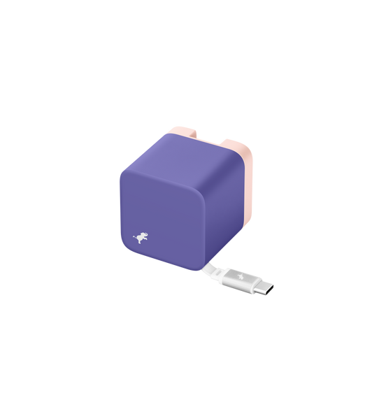 Nimble Wally Stretch 65W Wall Charger, purple and pink colour, integrated USB-C cable in the lower right, white Nimble logo in the lower left