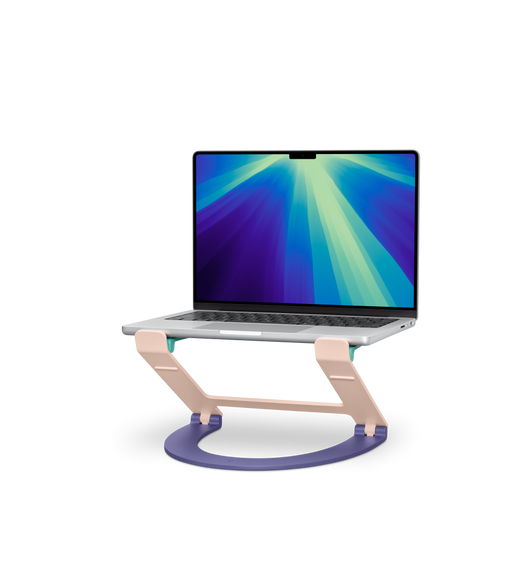 Twelve South Curve Flex Stand, AquaticAwe, Transcendent Pink and Future Dusk colours, supporting open MacBook