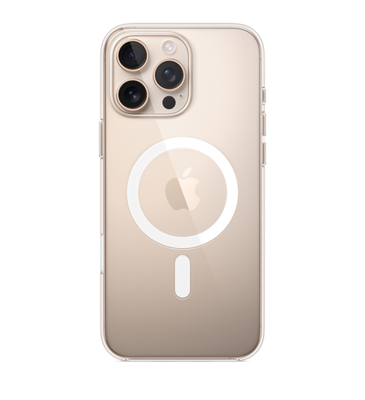 iPhone 16 Pro Max Clear Case with MagSafe, attached to iPhone 16 Pro Max Desert Titanium finish.