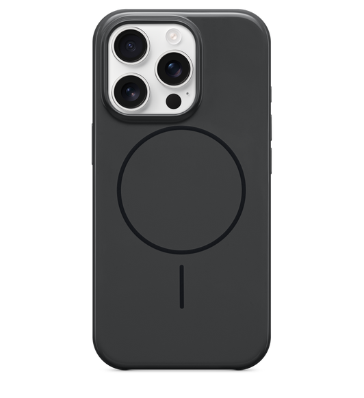 Beats iPhone 16 Pro Case with MagSafe in Midnight Black, attached to iPhone 16 Pro White finish, seen through camera cut out.