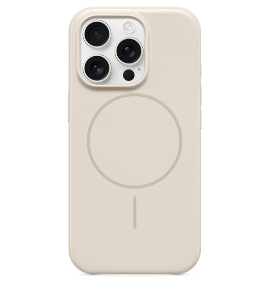 Beats iPhone 16 Pro Case with MagSafe in Summit Stone, attached to iPhone 16 Pro White finish, seen through camera cut out.