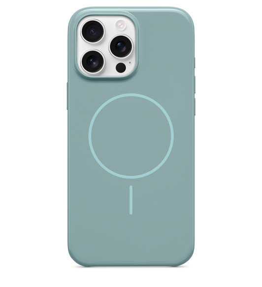 Beats iPhone 16 Pro Max Case with MagSafe in Riptide Blue, attached to iPhone 16 Pro Max White finish, seen through camera cut out.