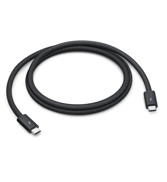Thunderbolt 5 Pro Cable (1 meter) features a black braided design that coils without tangling, and can transfer data at up to 40 gigabytes per second.