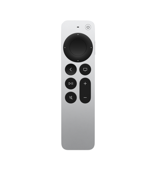 Siri Remote, front. Large circular, touch-enabled clickpad, and raised buttons.