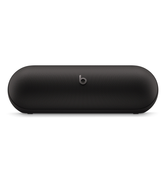 Front view of the Beats Pill Bluetooth® Speaker in Matte Black, featuring a 20-degree upward tilt for optimal sound delivery.