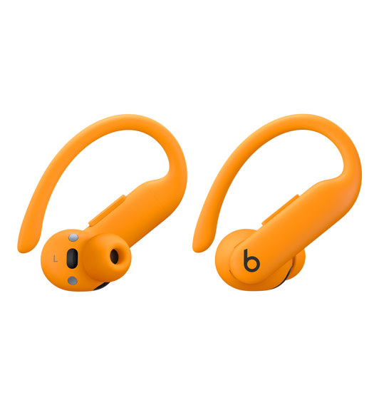 Powerbeats Pro 2 wireless earbuds in Electric Orange, with flexible secure-fit earhooks, on-ear buttons and tactile volume rockers.