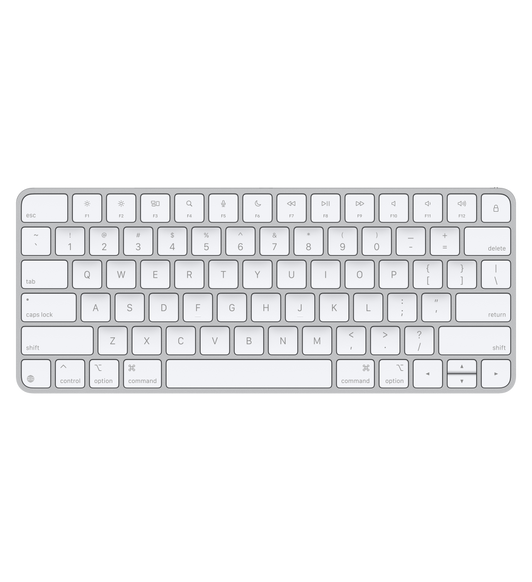 Magic Keyboard, white keys, silver aluminium structure, full-height function keys, half-height up and down arrow keys