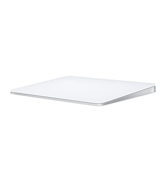 Magic Trackpad, white multi-touch surface, wedge shape, silver aluminium body