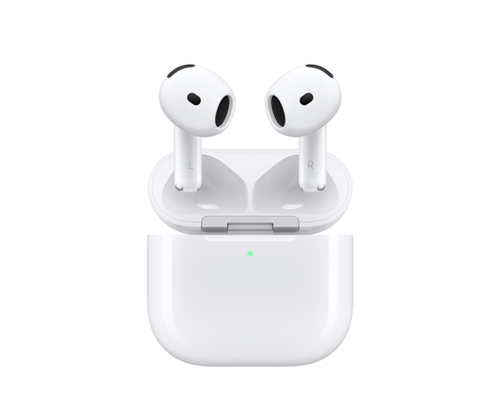 AirPods 4, charging case, short stems, oval shape, seamless construction with speaker opening, external LED indicator, white colour