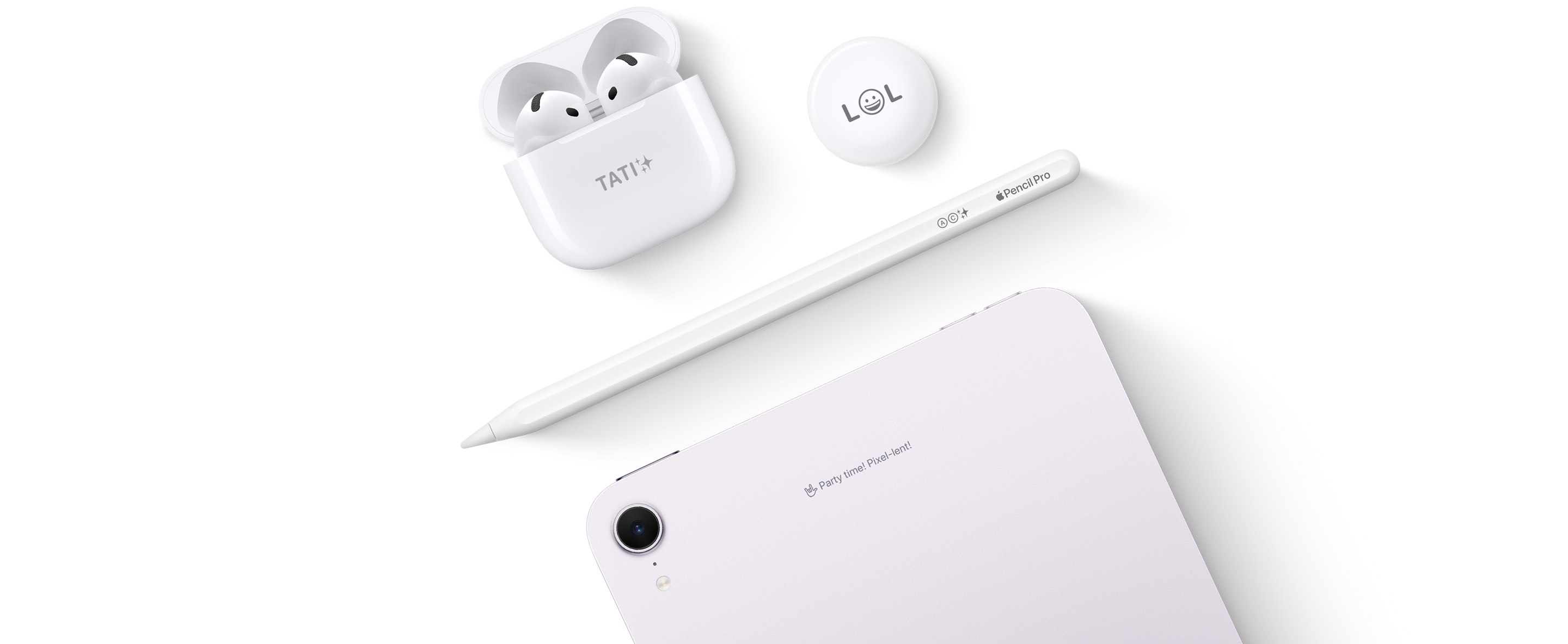 Custom engraved AirPods case, AirTag, iPad and Apple Pencil.