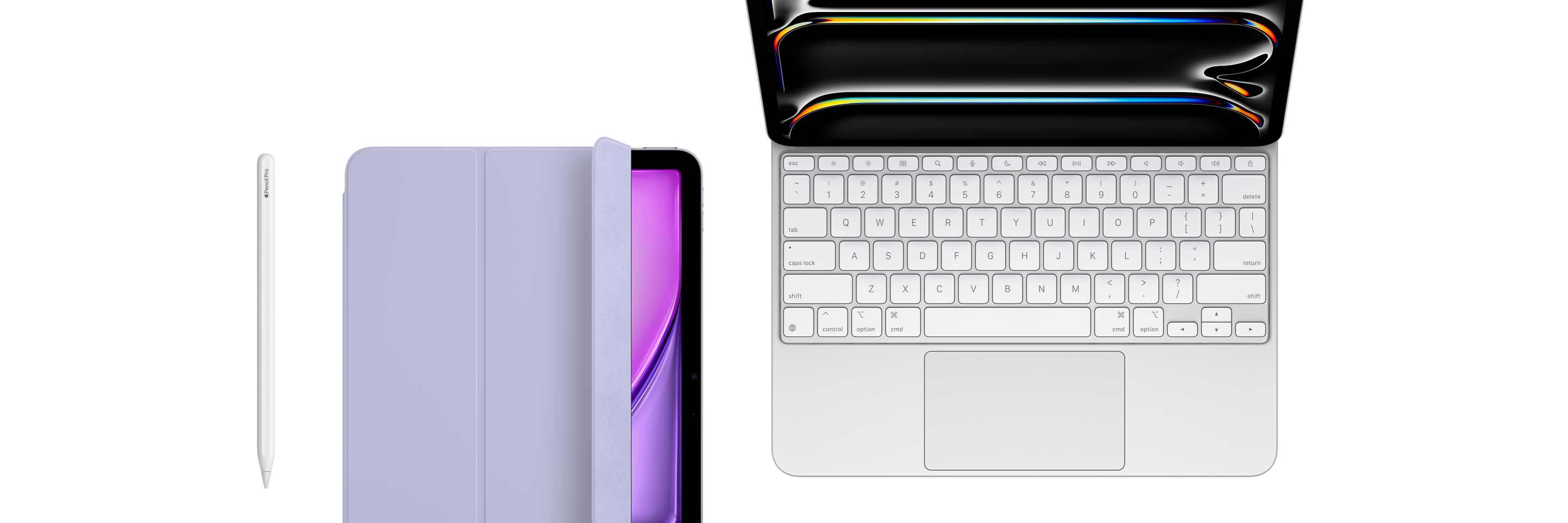 Apple Pencil Pro, iPad Air with Smart Folio, Light Violet, iPad Pro with Magic Keyboard, White