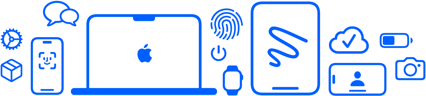 Dispositivos y funcionalidades de Apple, ícono de ajustes, caja de envío, mensajes, iPhone, configuración de Mac, Touch ID, ícono de encender, Apple Watch y iPad con Face ID
