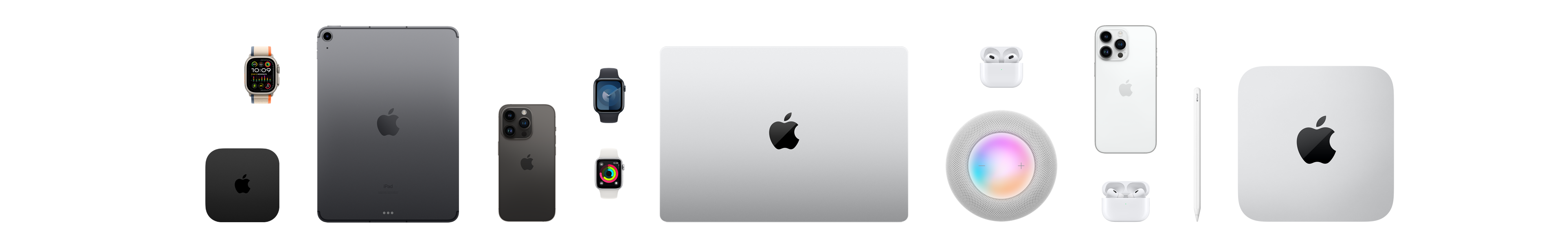 Apple products, Apple Watch, Apple TV, iPad, iPhone, MacBook, AirPods, HomePod, Apple Pencil, Mac mini 