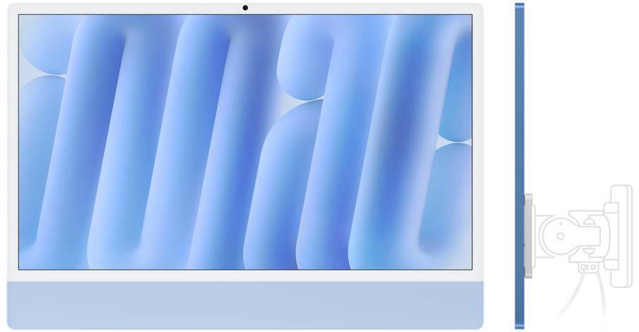 Blue iMac, front, white display border, light blue display exterior, dark blue side exterior, with VESA-compatible mount on back